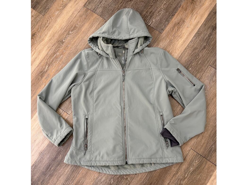 Free Country Softshell Jacket Womens XL Gray Fleece Lined Hooded lt green
